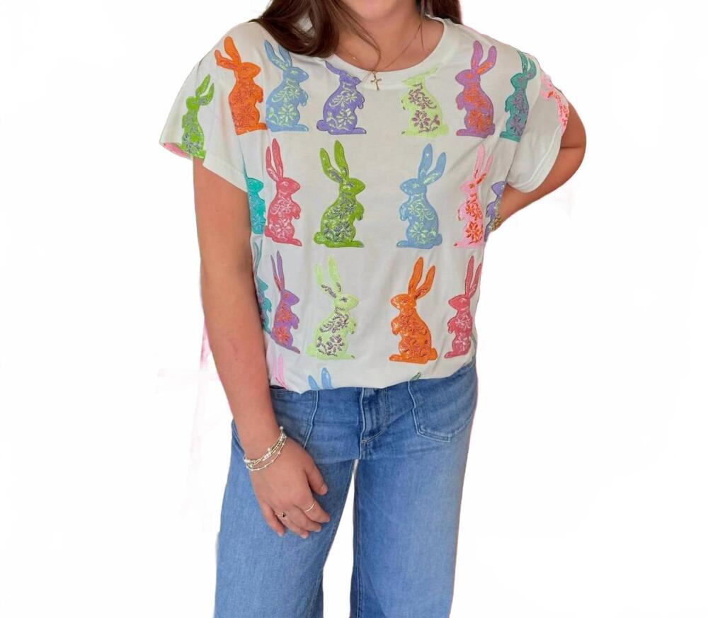 NEW QUEEN OF SPARKLES easter bunny tee in white multi
